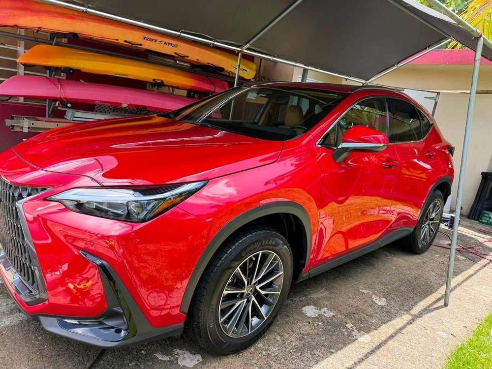 Lexus NX rojo, lateral exterior con brillo intenso